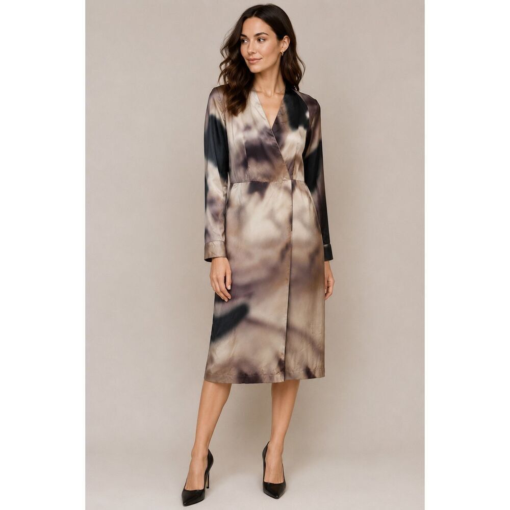 Max Mara 100% Silk Abstract Wrap Midi Dress Made in Italy US 2 IT 36
